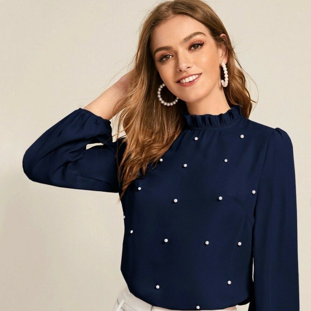 NWT 1 LEFT Ruffled Mock Neck Pearl Embellished Top - Picture 2 of 5